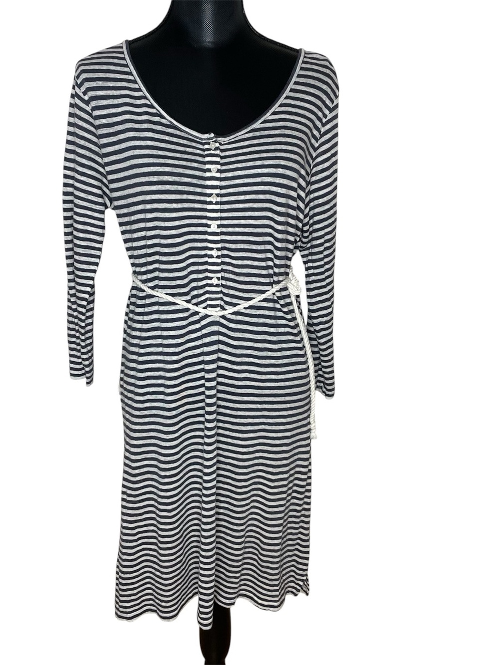 Roots Canada Dress Linen Midi Belted Striped Navy White Size Medium